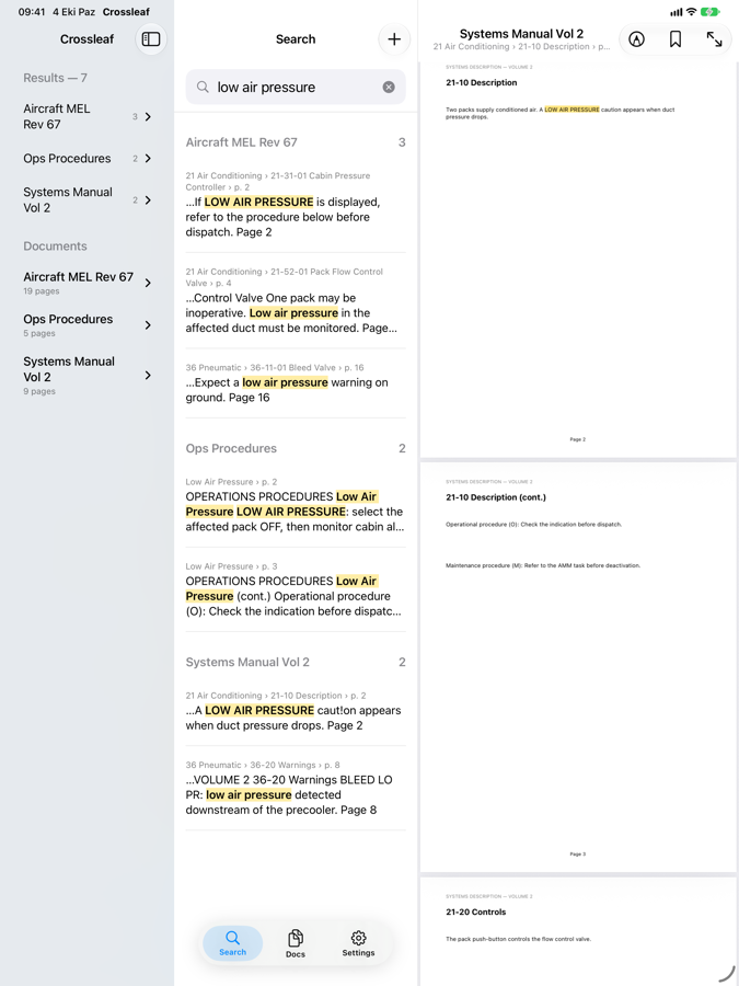 Crossleaf on iPad: documents and result tree on the left, search results in the middle, the matching page highlighted on the right.