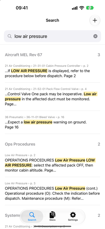 Crossleaf on iPhone: a search for low air pressure with results grouped by document and section.