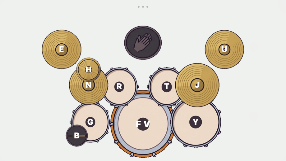 A drum kit drawn from above: drums as circles, cymbals as gold discs, each with its key letter.