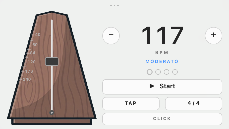 A wedge metronome with a swinging pendulum beside a large BPM readout.