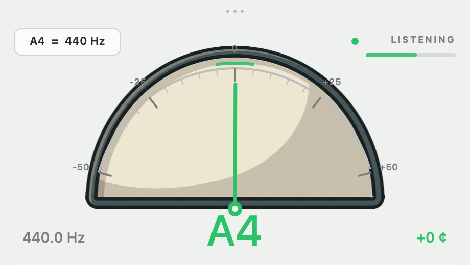 A chromatic tuner showing the note name, frequency in hertz and the error in cents.