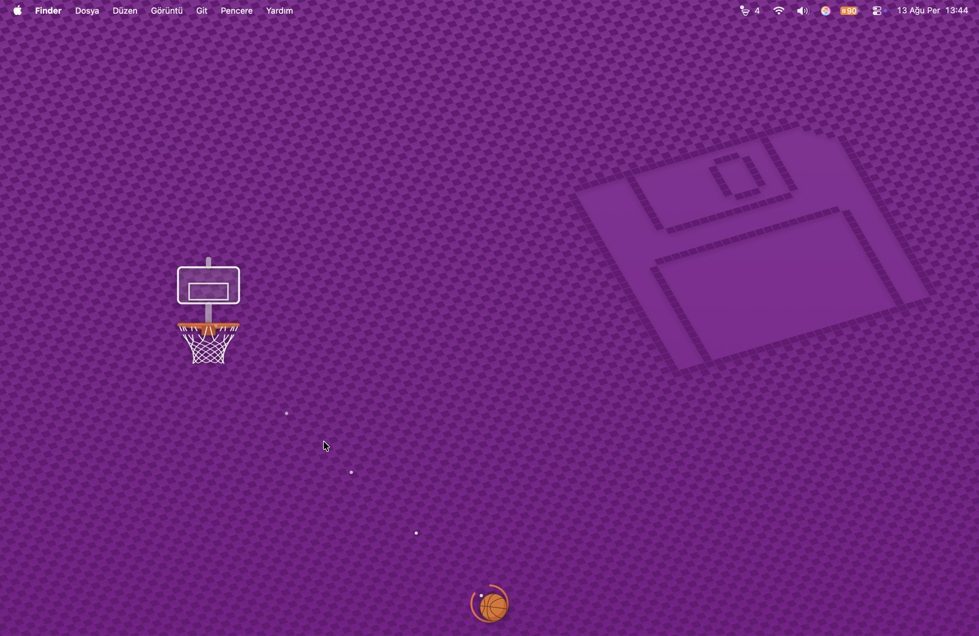 A clean purple Mac desktop with a basketball hoop hanging on the left, partway down the screen, and the ball resting at the bottom centre mid-throw, ringed in orange, a dotted arc running diagonally from the ball up toward the hoop.