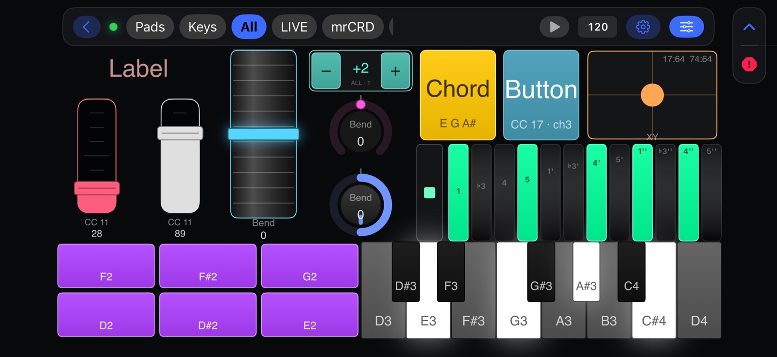 A Midiboard screen in landscape: faders, a bend wheel, a transpose stepper, two dials, a chord button, a programmable button, an XY pad, a step sequencer, a pad bank and a keyboard, all on one page.