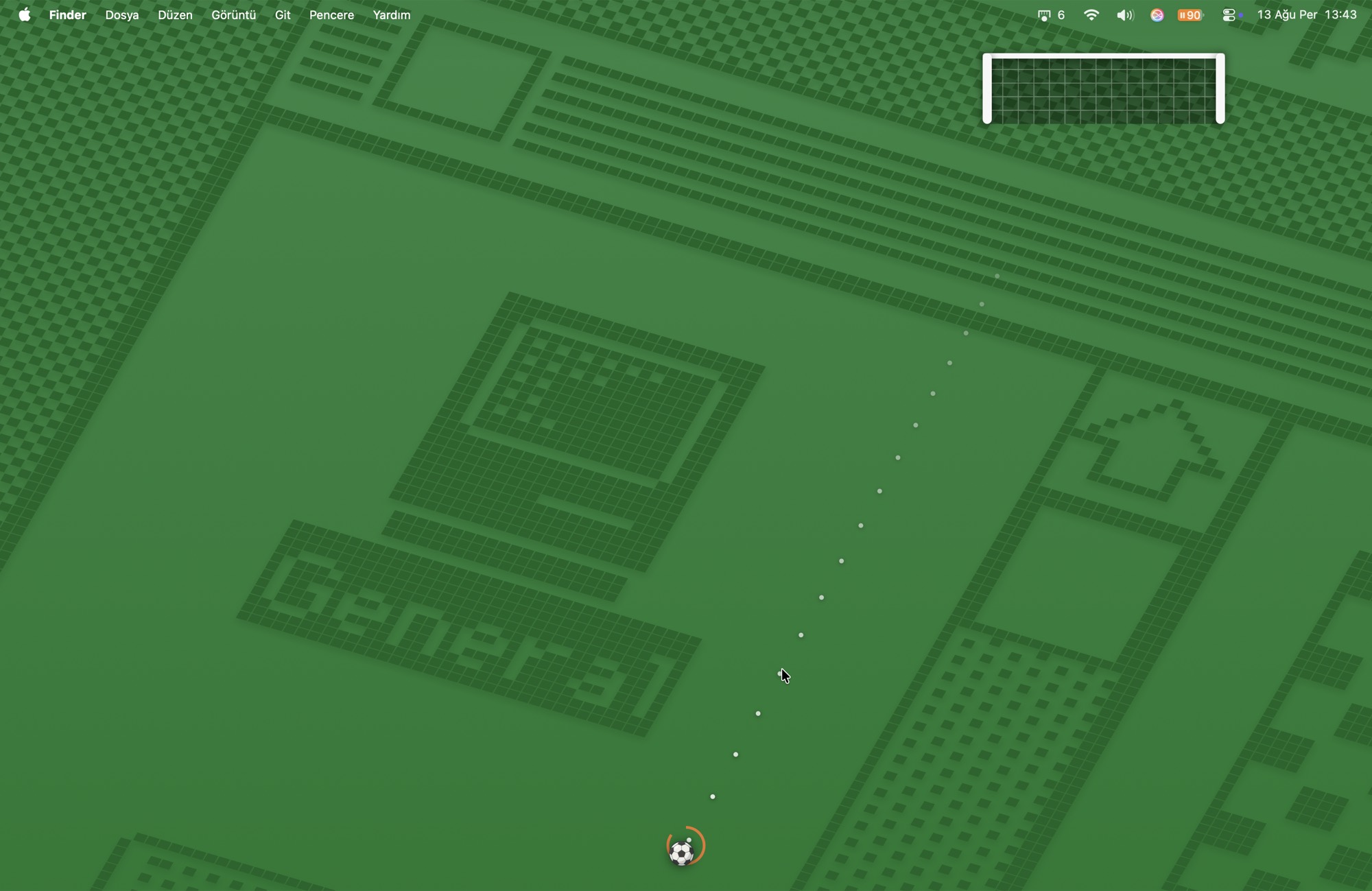 A clean green Mac desktop with a football goal at the top right and the ball down on the pitch mid-throw, ringed in orange, a dotted line running diagonally from the ball up toward the goal.
