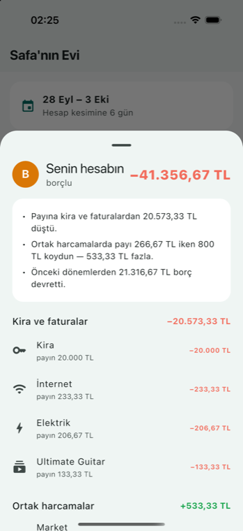 Bir kişinin hesap dökümü: kira payı, ortak harcamalar, devreden borç