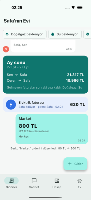 Giderler kanalı: market, fatura ve ay sonu kartları