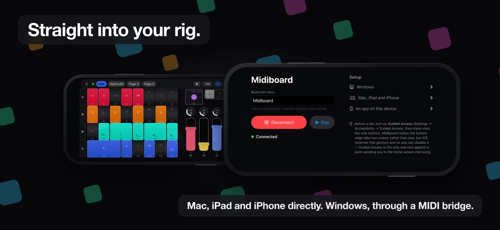 Two phones, headed “Straight into your rig”: behind, a full performance page; in front, the connection screen showing the Bluetooth name, a Disconnect button, a green Connected line, and setup instructions for Windows, for Mac, iPad and iPhone, and for an app on this device.