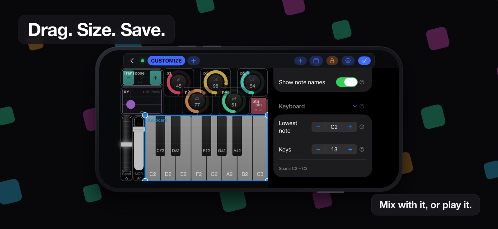 The Midiboard layout editor, headed “Drag. Size. Save.”: a keyboard selected with resize handles, rings and an XY pad above it, and the inspector open down the right showing the Widget section and the Keyboard section with its lowest note and key count.