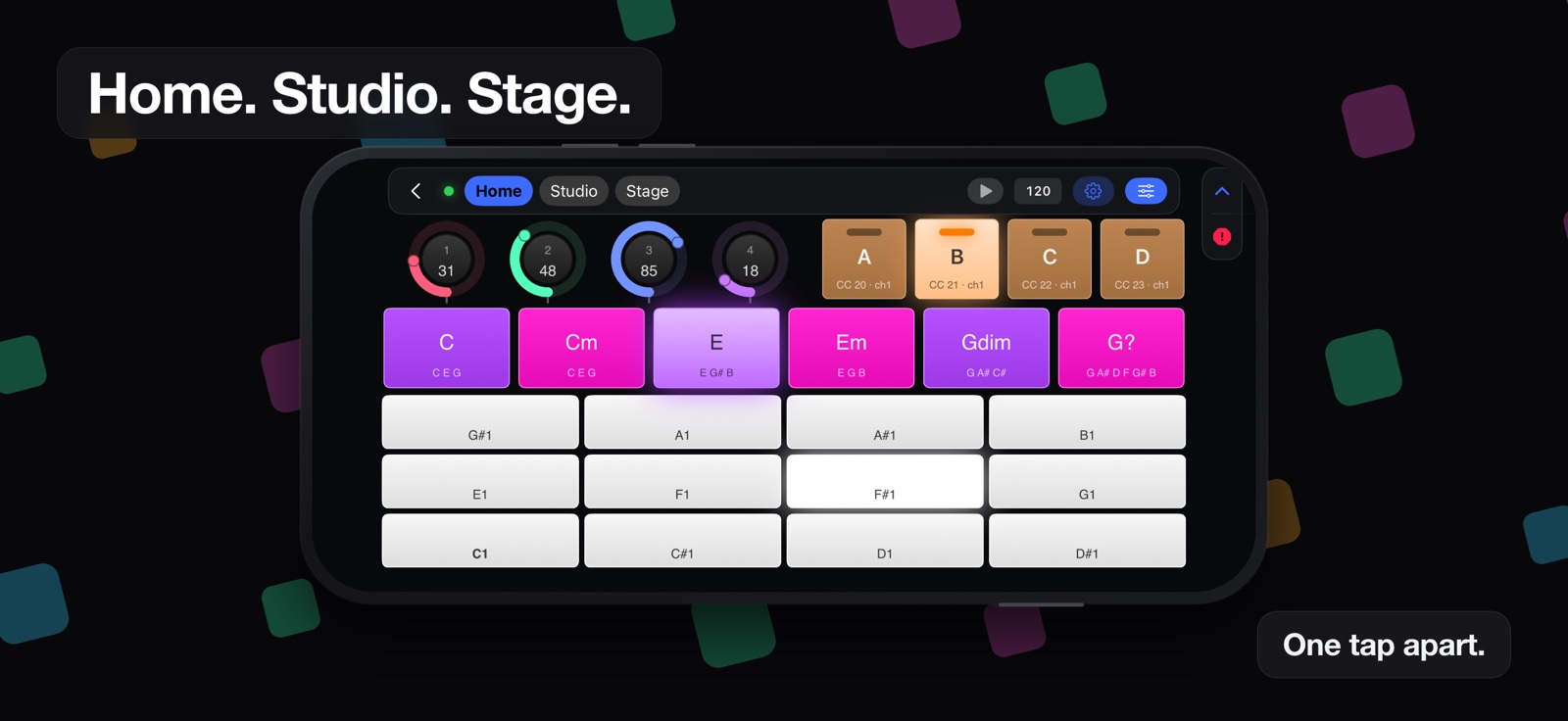 A Midiboard performance page headed “Home. Studio. Stage.”, with those three pages in the strip along the top, four rings, four footswitches, a row of chord buttons and a bank of pale note pads.