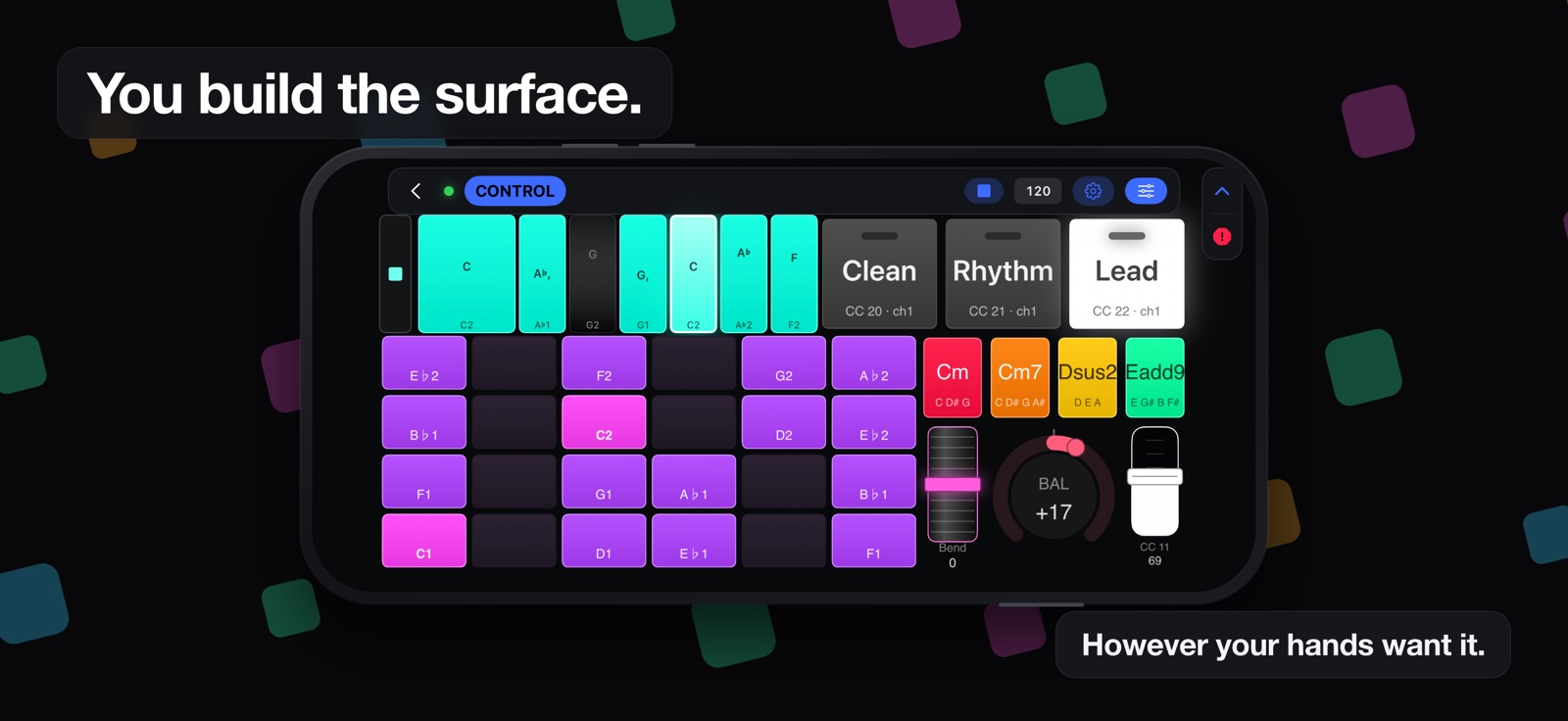 A Midiboard page in a phone, headed “You build the surface”: a step sequencer, a pad bank in a key, three footswitches named Clean, Rhythm and Lead, chord buttons, a bend fader and a balance knob reading +17.